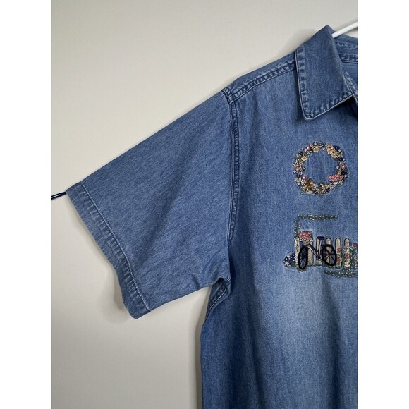 Vintage Womens Denim Shirt Sz XL Button Up Top Embroidered Garden Short Sleeve - Picture 4 of 12